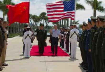 U.S. Air Force Gen. Douglas Fraser, center right, U.S. Southern Command, hosts an honor cordon to welcome Chinese Minister of National Defense Gen. Liang Guanglie to the command's HQ in Miami, May 8, 2012.