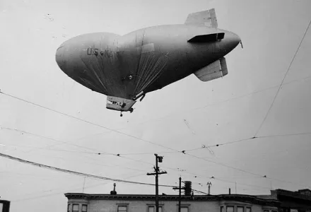 L-8, a United States Navy blimp whose two-man crew vanished under mysterious circumstances, floats unmanned over San Francisco, California, on August 16, 1942.