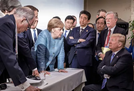 A handout photograph from the German government shows a group of leaders at the Group of Seven summit, including German Chancellor Angela Merkel and President Trump, in Canada on June 9, 2018.