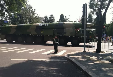 The newly developed DF-26 medium-range ballistic missile as seen after the military parade held in Beijing to commemorate the 70th anniversary of the end of WWII, 3 September 2015.