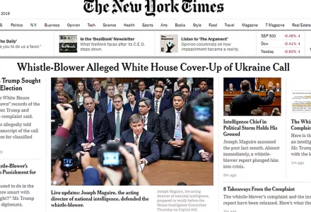 New York Times headline: "Whistle-Blower Alleged White House Cover-Up of Ukraine Call"