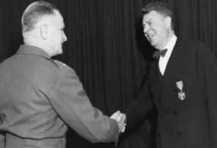 U.S. Army Air Force Gen. Carl A. Spaatz (left) congratulated Edward Meade Earle on his receipt of the Presidential Medal for Merit in 1946.
