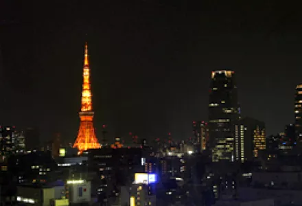 Tokyo Tower is lit orange in the Tokyo skyline before turning off its lights, Mar. 27, 2010. Tokyo Tower turned off the lights later for 1 hour during the annual Earth Hour, calling for a binding pact to cut greenhouse-gas emissions.
