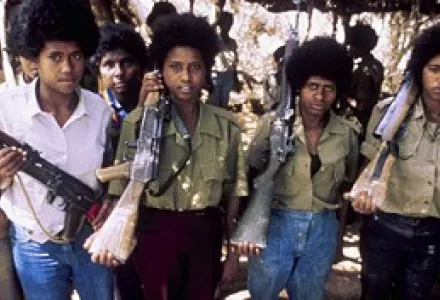 Young men & women receiving training as fighters for the Eritrean People’s Liberation Front (EPLF) in Eritea in July 1986, the 25th year of war between changing Ethiopean governments and the EPLF. The EPLF starts training for men & women at age 15.