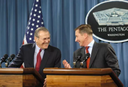Donald H. Rumsfeld and Russian Defense Minister Sergey Borisovich Ivanov fielded questions from the press on issues ranging from the elections in Iraq to export controls on sensitive weapons systems.