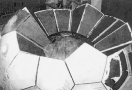 The partly disassembled heart of the Fat Man bomb showing the explosive lenses.