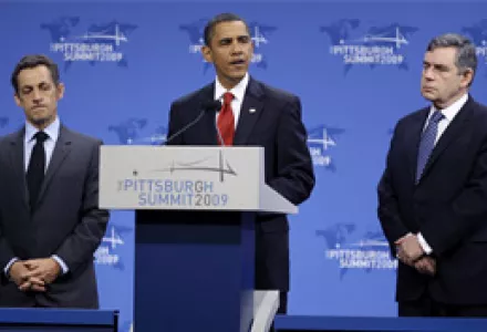 President Barack Obama, accompanied by French President Nicolas Sarkozy, left, and British Prime Minister Gordon Brown, makes a statement on Iran's nuclear facility, Sep. 25, 2009, during the G-20 summit in Pittsburgh.