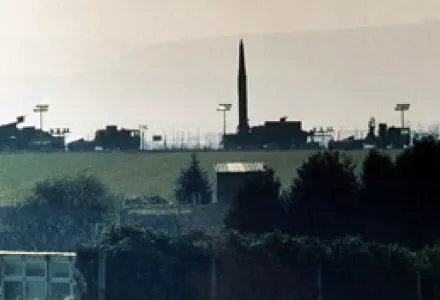 A battery of 3 Pershing II missiles are seen at the Mutlangen, West Germany, U.S. missile base, Apr. 3, 1987.