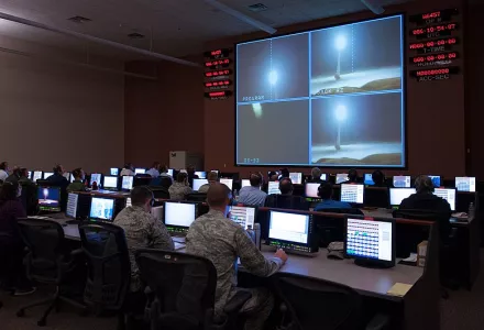  Members of the 576th Flight Test Squadron monitor an operational test launch of an unarmed Minuteman III missile, March 27, 2015, at Vandenberg Air Force Base, Calif. The intercontinental ballistic missile test launch program demonstrates the operational credibility of the Minuteman III and ensures the United States’ ability to maintain a strong, credible nuclear deterrent as a key element of U.S. national security and the security of U.S. allies and partners.