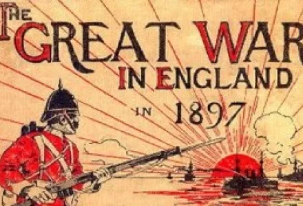 Image from a book depicting the invasion of Britain by the French, with Cossack allies supported by the massed ranks of unemployed, idle and alien.  The book is widely seen as having played a role in the "war scare" that preceded WWI.