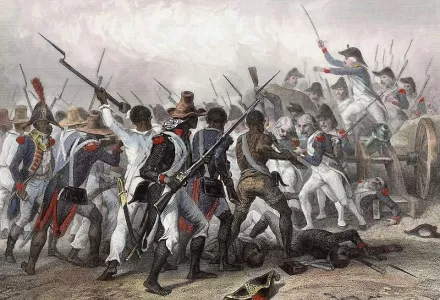 Attack on and capture of the Crête-à-Pierrot fort, Haiti (March 4–24, 1802). Original illustration by Auguste Raffet, engraving by Hébert.