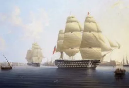 <em>HMS Queen Leaving Malta</em> by Robert Strickland Thomas. HMS Queen was a 110-gun first rate ship of the line of the Royal Navy, launched on 15 May 1839 at Portsmouth.