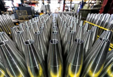 155 mm M795 artillery projectiles are stored during manufacturing process at the Scranton Army Ammunition Plant in Scranton, Pa., April 13, 2023. The 155 mm howitzer round is one of the most requested artillery munitions of the Ukraine war. Already the U.S. has shipped more than 1.5 million rounds to Ukraine, but Kyiv is still seeking more. 