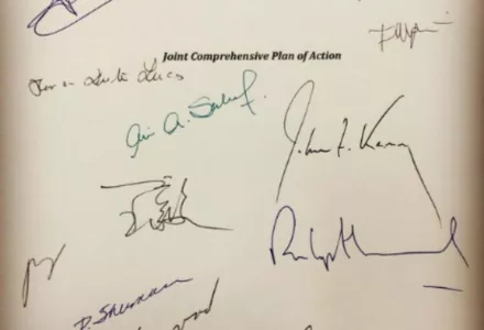 Signatures on the Joint Comprehensive Plan of Action (JCPOA) document. 