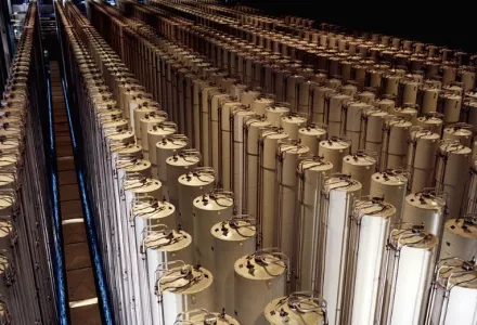 Cascade of gas centrifuges used to produce enriched uranium. This photograph is of a the U.S. gas centrifuge plant in Piketon, Ohio from 1984.