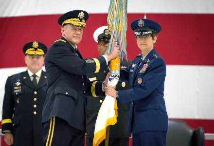 General Jacqueline Van Ovost takes command of U.S. Transportation Command (USTRANSCOM) on Oct 15, 2021. General Van Ovost is the first female commander of USTRANSCOM.