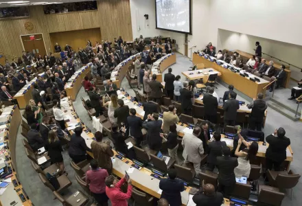 Delegates at the United Nations give a standing ovation after a vote to adopt the Treaty on the Prohibition of Nuclear Weapons on July 7, 2017.