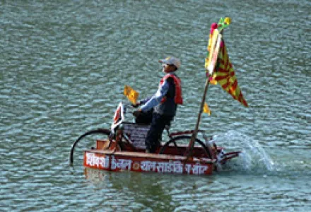 Indian innovator Dwarka Prasad Chaurasia, 75, displays his innovative Cycle Boat as part of an exhibition by the National Innovation Foundation at the Vastrapur Lake in Ahmadabad, India, Jan. 22, 2007.