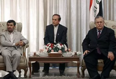 Iranian President Mahmoud Ahmadinejad (L) and his Iraqi counterpart Jalal Talabani (R) sit as their ministers sign bilateral agreements in Baghdad, Mar. 3, 2008. Ahmadinejad dismissed U.S. accusations that his country is training extremists.