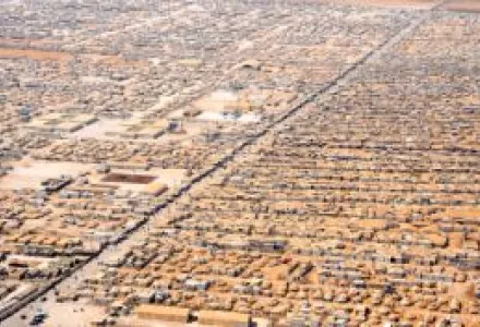 A close-up view of the Za'atri camp for Syrian refugees in Jordan as seen on July 18, 2013, from a helicopter carrying U.S. Secretary of State John Kerry and Jordanian Foreign Minister Nasser Judeh.