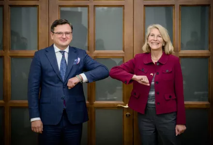 Then U.S. Assistant Secretary for the Bureau of European and Eurasian Affairs Karen Donfried meets Ukraine's Foreign Minister Dmytro Kuleba in Kyiv, Ukraine December 13, 2021. 