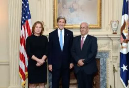 U.S. Secretary of State John Kerry meets with Israeli Justice Minister Tzipi Livni and Palestinian chief negotiator Saeb Erekat at the U.S. Department of State in Washington, D.C., July 29, 2013.
