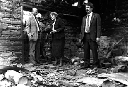 April 12, 1985: former UN Ambassador Jeane Kirkpatrick inspects a bombed out cottage in Santa Cruz La Loma, El Salvador with a guard, right, and U.S. Amb. to El Salvador Thomas Pickering. Guerrillas attacked the town, killing 20 people, mostly civilians.