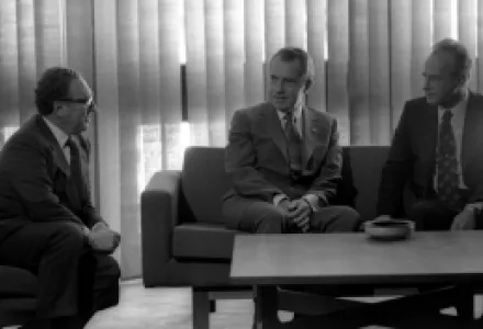 U.S. President Richard Nixon, Israeli Prime Minister Yitzhak Rabin, and U.S. Secretary of State Henry Kissinger at the King David Hotel in Jerusalem, during the first official visit by a U.S. president to Israel, June 16–17, 1974.