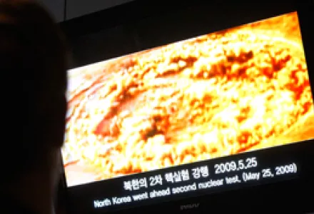File footage of North Korea's May 25, 2009 nuclear test is shown in Seoul, ROK, Oct. 25, 2011. U.S. and North Korean diplomats began their 2nd day of direct talks on Pyongyang's nuclear program.