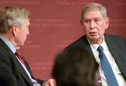 Tamir Pardo speaks with Graham Allison at a JFK IOP Forum at HKS