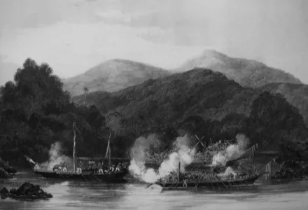 A painting of one of James Brooke's battles against pirates in Sarawak.