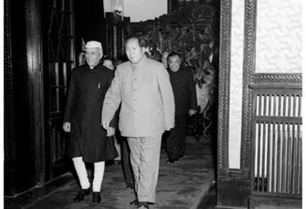 Prime Minister Nehru with the Chairman of the People's Republic of China Mao Zedong in Beijing during the former's official visit, 23 October 1954.