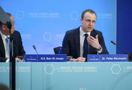 Dr. Peter Neumann, Director of the International Centre for the Study of Radicalization in the United Kingdom, addresses the White House Summit to Counter Violent Extremism's first session — Understanding Violent Extremism Today — at the U.S. Department of State in Washington, D.C., on February 19, 2015.
