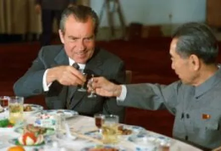 U.S. President Richard Nixon and Chinese Premier Zhou Enlai toast at a banquet during Nixon's visit to China, February 25, 1972.