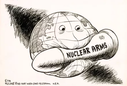 A political cartoon featuring a globe biting down on a nuclear weapon.