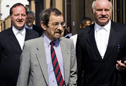 Swiss engineer, Daniel Geiges, center, outside the high court in Pretoria, South Africa, Feb. 5, 2008. Geiges was given a 13-year suspended sentence for charges relating to a network run by disgraced Pakistan nuclear scientist A.Q. Khan.