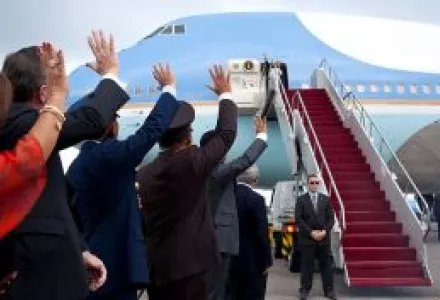 U.S. President Barack Obama waves from Air Force One upon his departure from Nusa Dua, Bali, Indonesia on 19 November 2011 following the first participation by a U.S. president in an East Asia Summit.