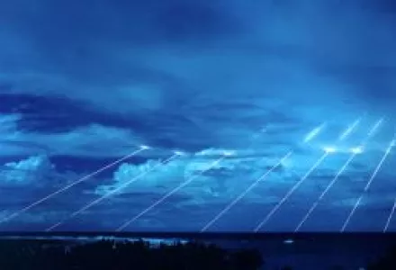 LGM-118A Peacekeeper missile system tested at the Kwajalein Atoll in the Marshall Islands. This is a long exposure photo showing the paths of the multiple re-entry vehicles deployed by the missile. One Peacekeeper can hold up to 10 nuclear warheads.