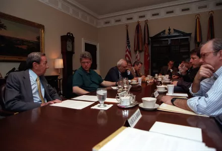 May 8, 1993: President Clinton participating in a Bosnia situation meeting in the White House Roosevelt Room with Secretary of State Warren Christopher, Secretary of Defense Les Aspin, Vice President Gore, National Security Advisor Tony Lake, and others.