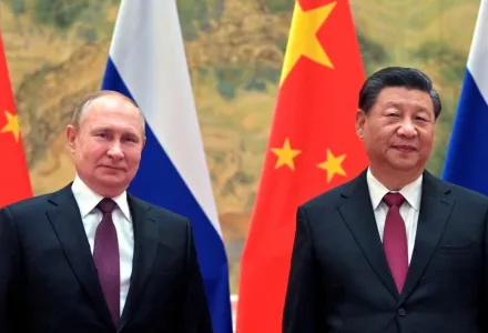 Chinese President Xi Jinping, right, and Russian President Vladimir Putin pose for a photo prior to their talks in Beijing, China, Feb. 4, 2022. Russian President Putin is expected to meet this week with Chinese leaders in Beijing on a visit that underscores China’s economic and diplomatic support for Moscow during its war in Ukraine. 