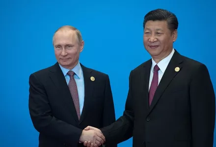 President of Russia Vladimir Putin with President of China Xi Jinping before a roundtable meeting of leaders during the Belt and Road international forum, 14 May 2017.