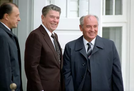 U.S President Reagan and Soviet General Secretary Gorbachev at the Hofdi House in Reykjavik, Iceland, during the Reykjavik Summit, 11 October 1986.
