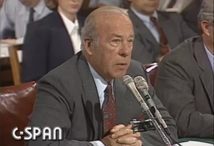 Secretary of State George Schultz testified before the Senate Foreign Relations Committee about the Reagan administration's current policies toward South Africa and proposed sanctions against their government, July 23, 1986.