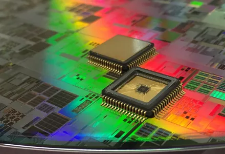 Complementary metal–oxide–semiconductor integrated chips sitting on a 12-inch wafer where the chips were fabricated before the packaging, May  11, 2016.