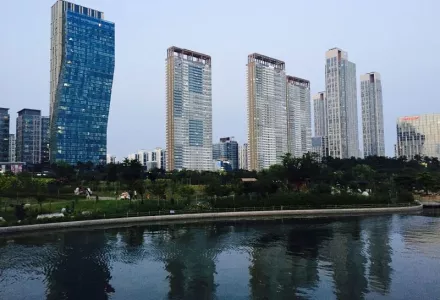 Songdo City, 30 August 2015. Located on a man-made island 40 miles from Seoul, the 1,500-acre city is intended to emit only 1/3 of the greenhouse gases of a similar size city and become the commercial hub of Northeast Asia.
