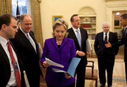 Secretary of State Hillary Clinton confers with Deputy National Security Advisor for Strategic Communications Ben Rhodes, and Deputy National Security Advisor Tom Donilon, prior to the announcement of the New START Treaty, March 26, 2010