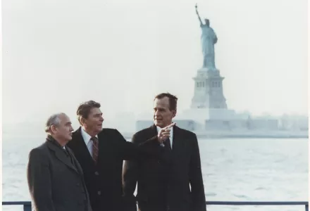 Reagan and Vice President Bush meeting with Gorbachev on Governors Island, New York City, 7 December 1988