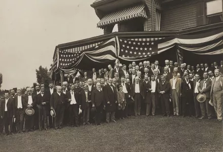 Theodore Roosevelt, Joseph Cannon, members of the Republican Nomination Committee, and guests in front of Sagamore Hill, Oyster Bay, N.Y., 4 August 1904.