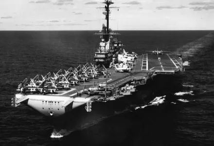 The U.S. Navy aircraft carrier USS Lexington (CVA-16) underway in the Western Pacific, with Carrier Air Group 21 (CVG-21), on 16 August 1958. Just 8 days later, on 24 August, Communist Chinese artillery began shelling the Nationalist Chinese islands of Quemoy and Matsu, prompting the Blue Ghost's (as Lexington was called) deployment to the Taiwan Straits at various times during the next 4 months, along with other units of the U.S. Seventh Fleet.