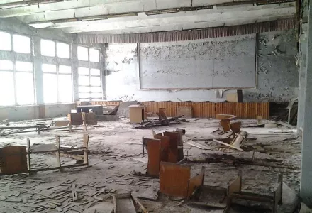 A deserted classroom in Pripyat, Ukraine, three decades after the Chernobyl disaster, 10 March 2013.